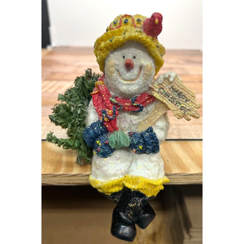 Vintage Hand-Painted Snowman Figurine With Bird & Tree
